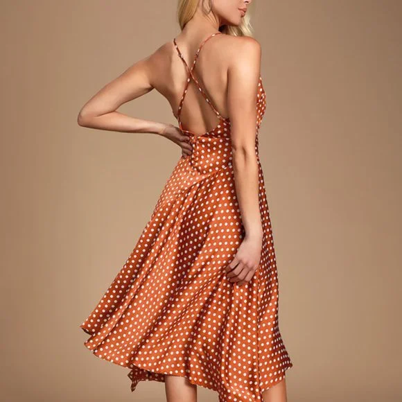LULUS Bellamy Rust Brown Polka Dot Backless Handkerchief Dress - Picture 2 of 3